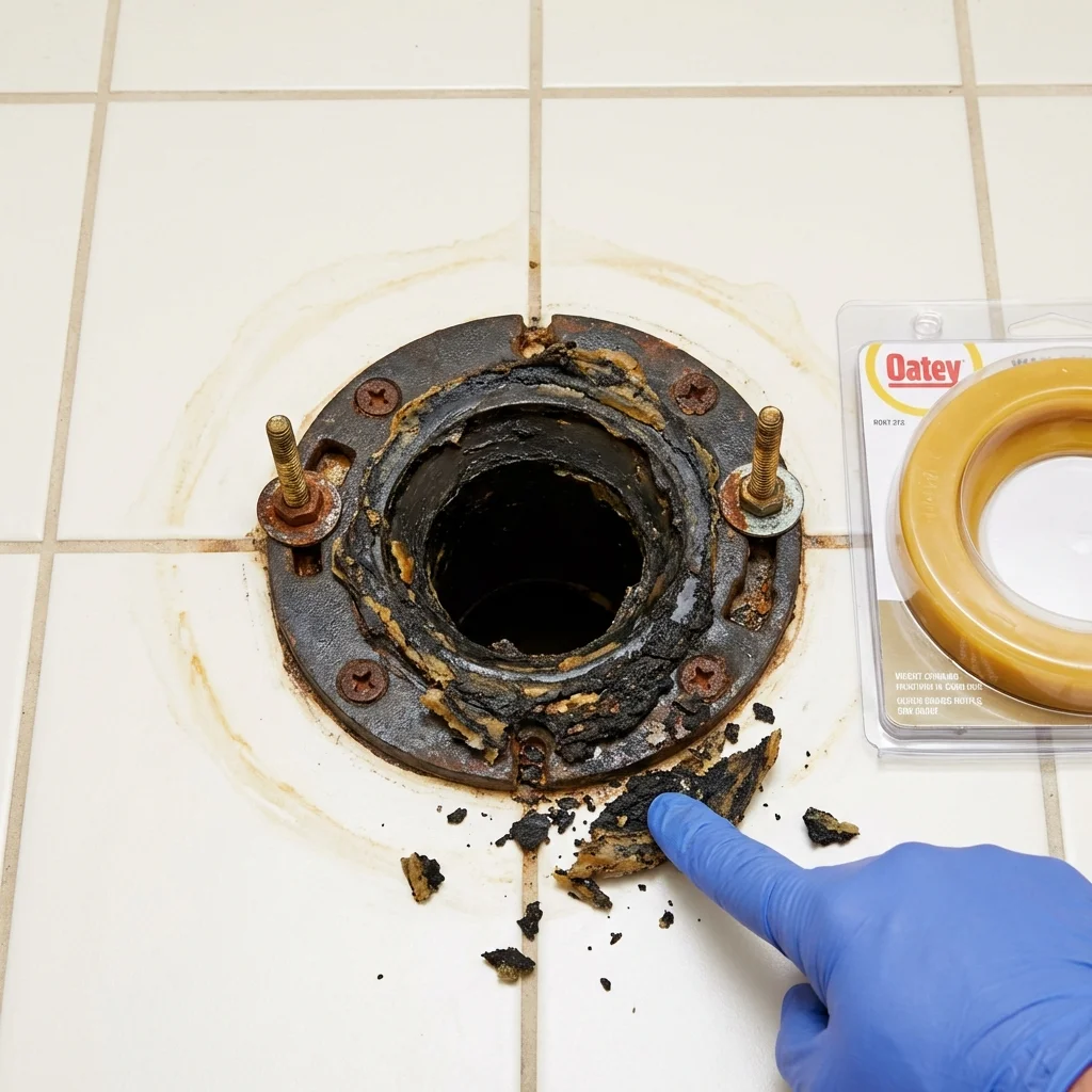 Failed wax ring showing water seepage at the base of a toilet in a Fruitland, MD home