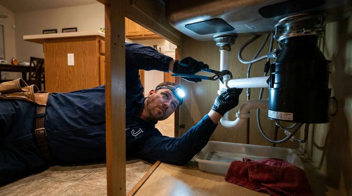 P-trap and supply line connections under a kitchen sink showing a common leak point in Fruitland, MD
